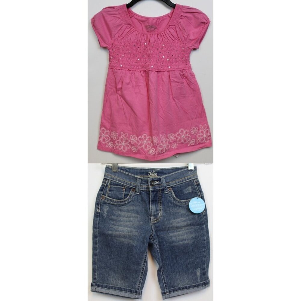 2010s Justice 2pc Shirred Shirt top Bermuda Denim Shorts sz 10 Embordered Sequin